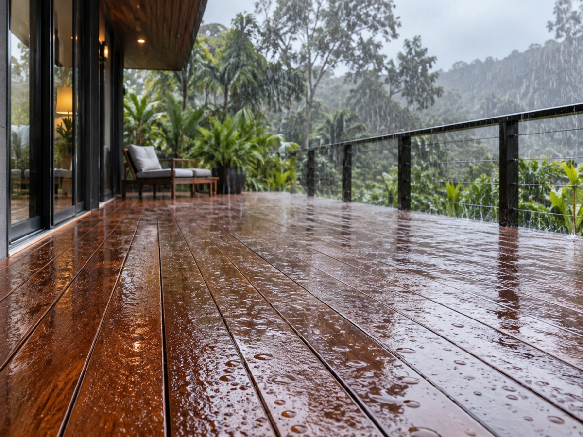 Chengal decking during heavy rain