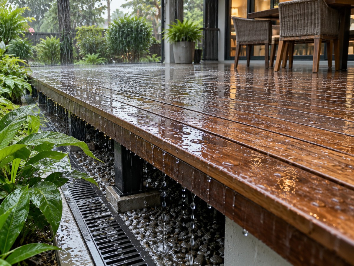 Hardwood decking rainfall and moisture exposure