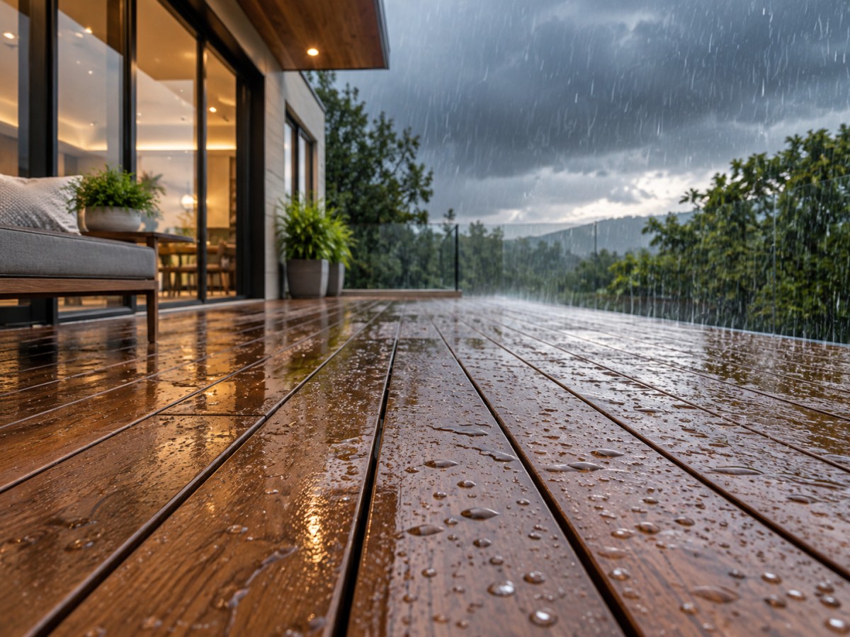 Rain falling on Outdoor Decking Surface