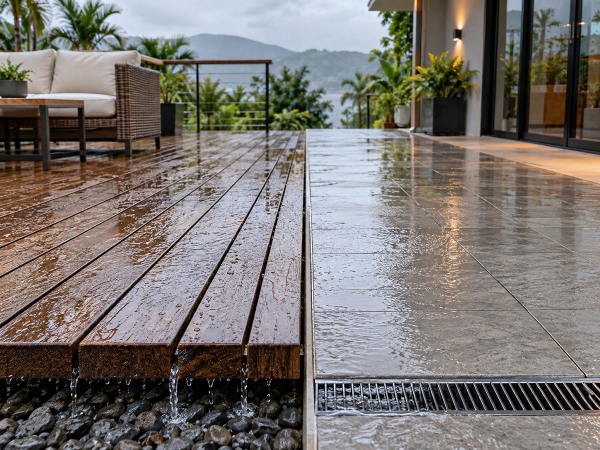 Drainage differences between timber decking and outdoor tiles