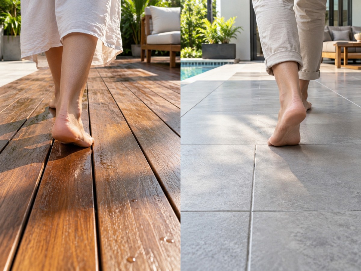 Timber decking and outdoor tiles surface feel comparison