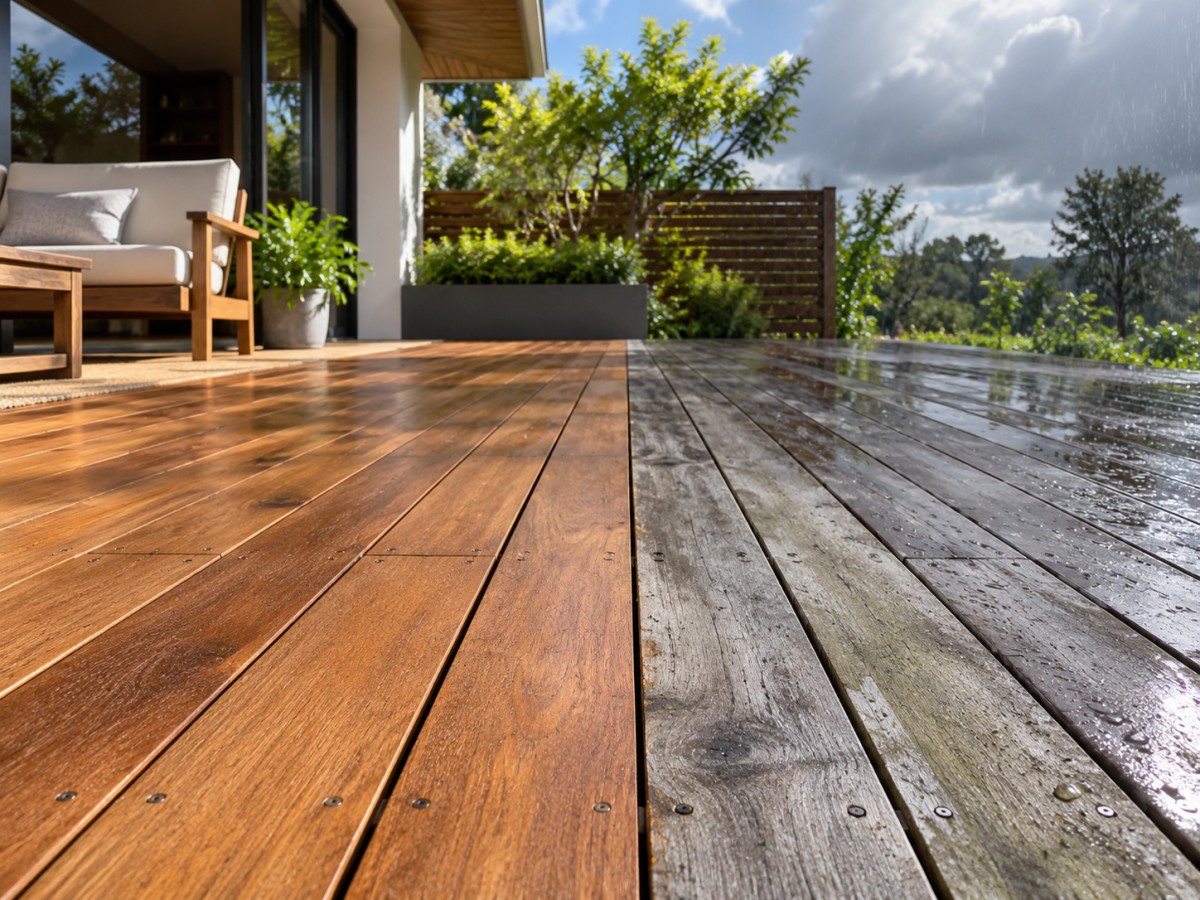 Outdoor timber decking weathering and colour change